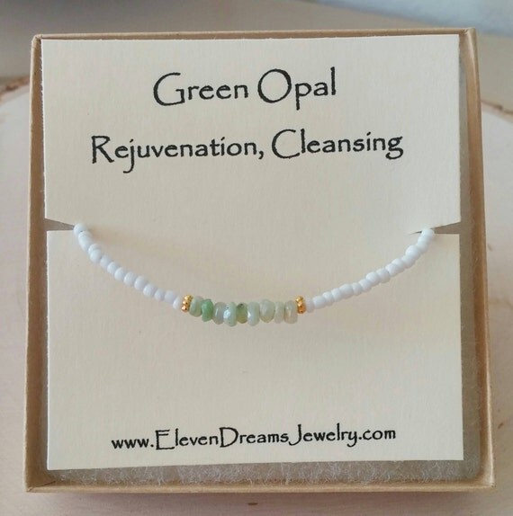 Green Opal and White Seed Bead Meaning Bracelet. Gold.