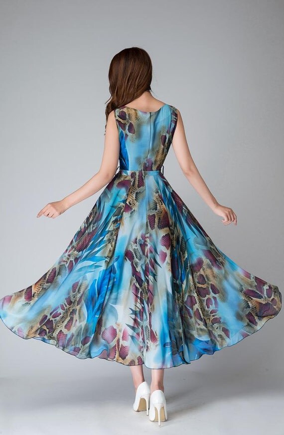 print dressBlue floral dress Blue Chiffon dress prom dress