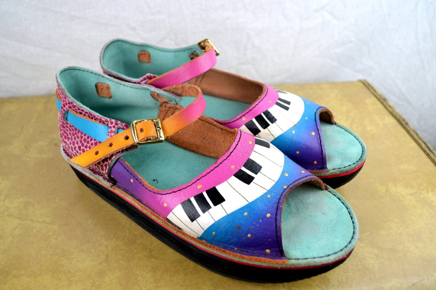 Amazing Rare Vintage Hand Painted Leather Shoes Tire Sole