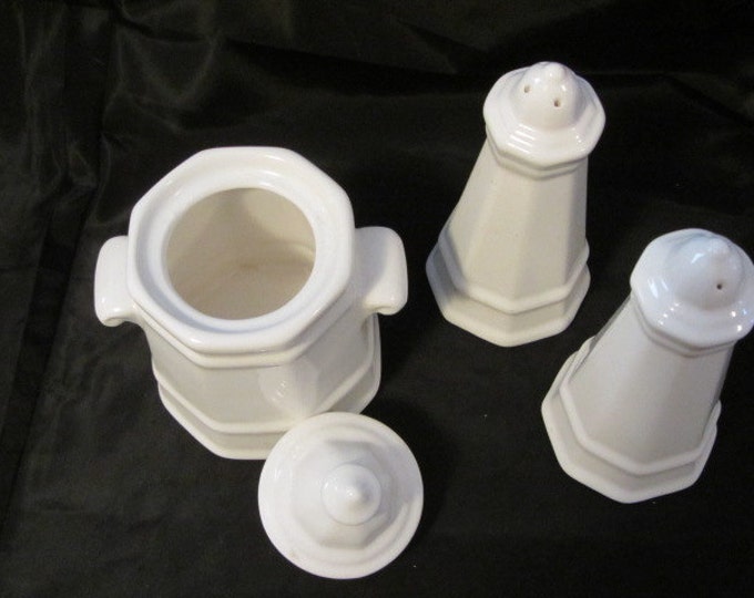 Vintage Pfaltzgraff White Heritage Salt and Pepper Shakers and Sugar Bowl, Stoneware Serving Set