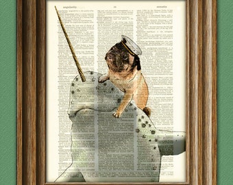 Captain Grumbles the Sea Pug on his trusty Narwhal, Noodles dog original art dictionary page book art print