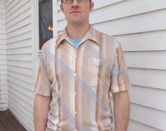 70s Mens Disco Shirt Casual Striped Vintage Polyester Button Down L