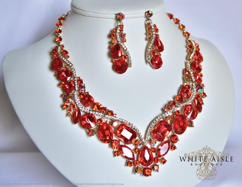 Orange Wedding Jewelry Set Crystal Bridal Statement Necklace