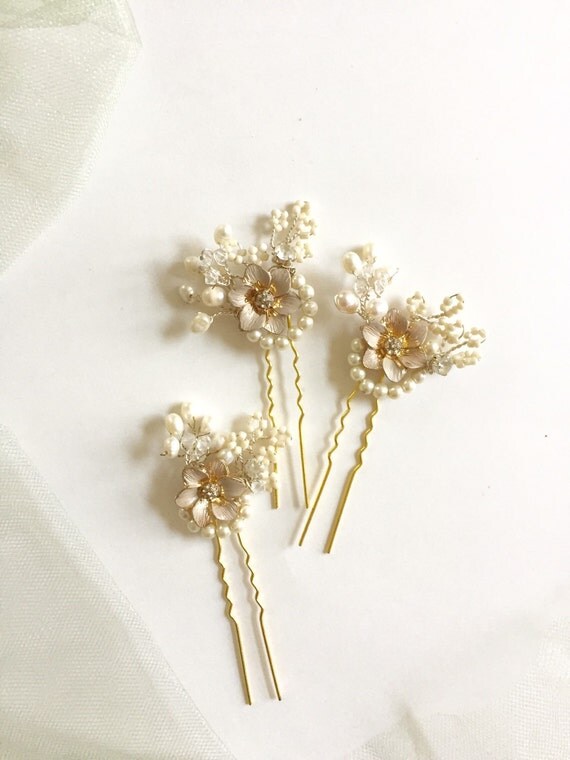 Golden Hair Pins bridal hair pins Pearl hair pins Wedding