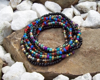 Stretch Stack Beaded Festival Bracelets, Black and Colorful beaded bracelets, Boho, Hippie, 9 Stack bracelet set