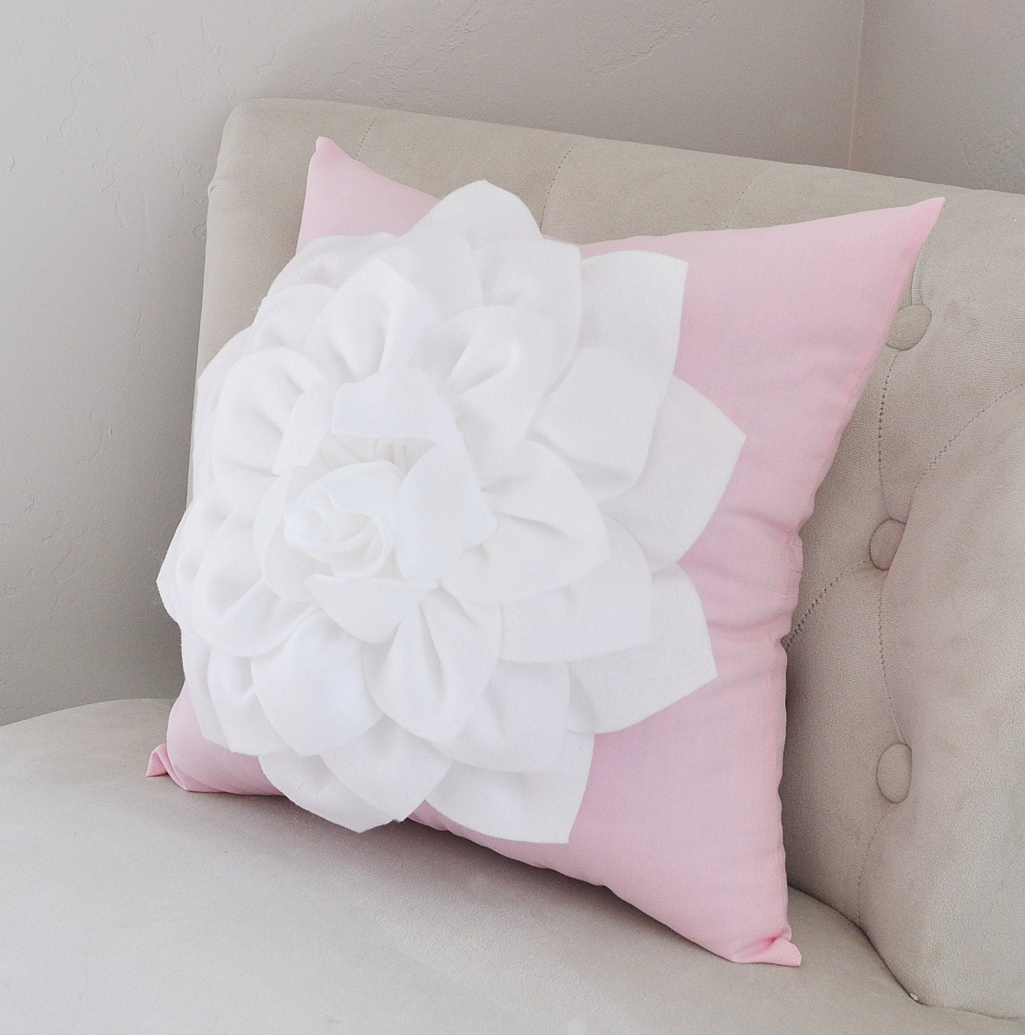 Girls Nursery Pillow White Dahlia Flower on Light Pink
