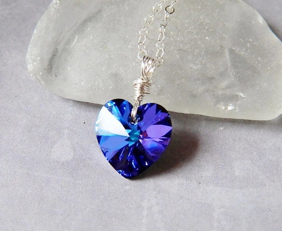 Blue Crystal Heart Necklace Indigo Swarovski Crystal Necklace