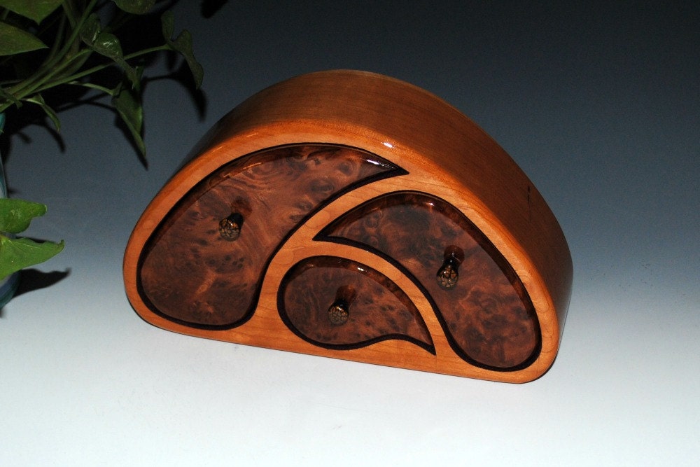 Redwood Burl on Cherry Handmade TriOval Style Wooden Jewelry Box Art