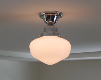 Vintage Schoolhouse Light, Vintage Opal Shade, New Chrome Fixture