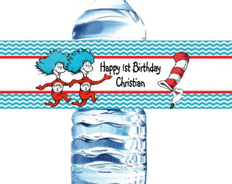Thing 1 and Thing 2-Bottle Label-20-Printed On Waterproof Labels-birthday , baby shower Dr. Seuss labels waterproof Cat in the Hat