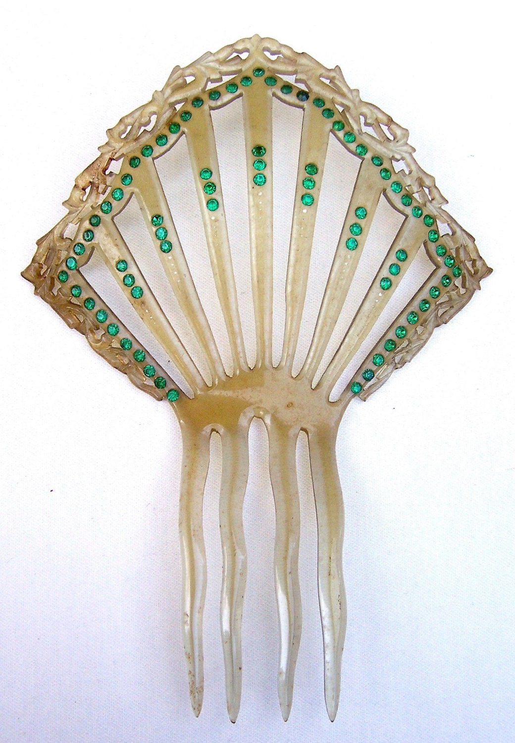 Celluloid Art Deco hair comb green rhinestones by ElrondsEmporium