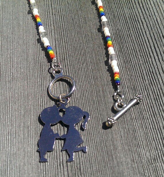 Boy and Girl Kissing Necklace front toggle clasp rainbow beads