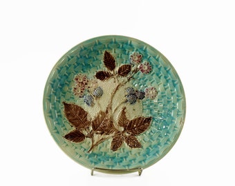 Antique Majolica Plate, Majolica Pottery, Large Majolica Platter with Berries, Country Cottage Decor, 1800s Pottery
