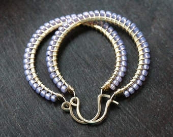Lavender purple hoops, beaded hoop, seed bead, 14k gold filled, wire wrapped, Toho, Mimi Michele Jewelry