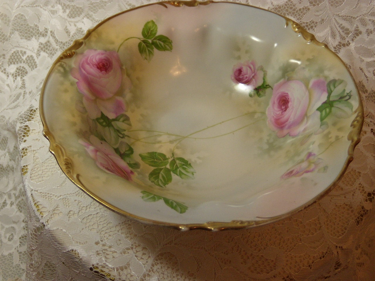 E.S. Prussia Porcelain Bowl with Hand Painted Pink Roses