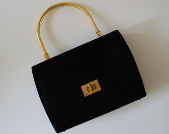 Wonderful Vintage 60s HANDBAG by Jana...Retro Purse...Soft Black Faux Suede...Gold Metal Trim