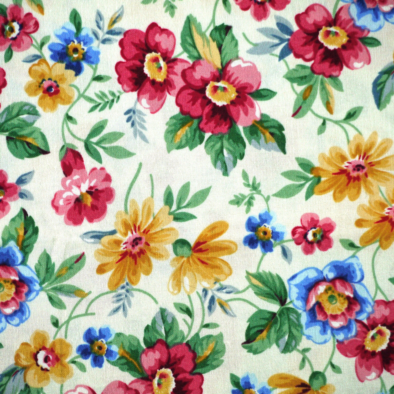 White Red Blue Retro Floral Print Quilting or by DartingDogFabric