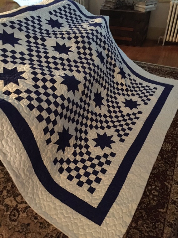 Quilt Triple Irish Chain with Stars Blue and White Queen Ready