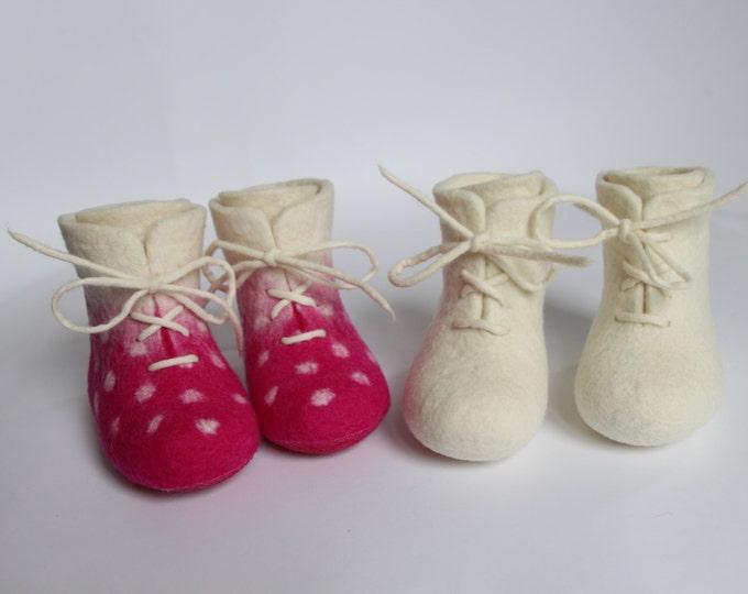 Pink Wool Baby Booties - Felted Wool Shoes - Rubber Soles - Kids Boots - Minimalist Shoes - Christening Gift - Baby Baptism - Baby Keepsake