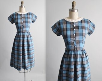 50's Day Dress // Vintage 1950's Fitted Blue Plaid Cotton Fitted Secretary Day Dress S