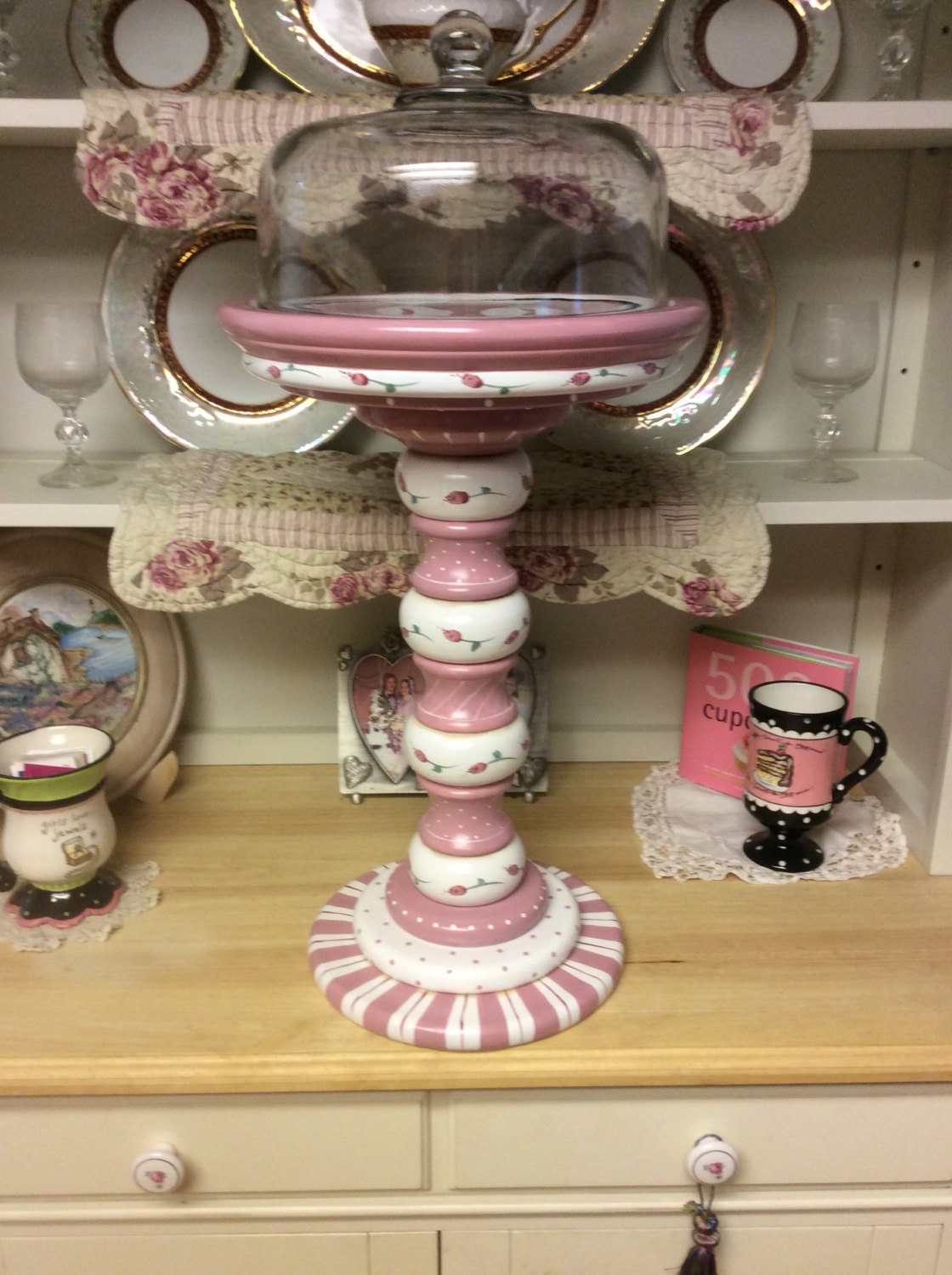 Hand Painted Cake Stand/w Glass Dome