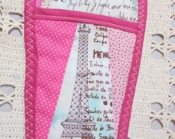 Scissors Pouch Quilted Paris Eiffel Tower pink fabric 11 x 5 w loop hanger 1 pocket for shears Pellon stablizer pink Butterfly French words