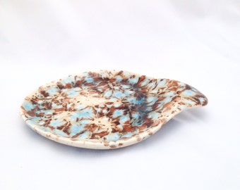 Ceramic Spoon Rest - Large Spoon Holder - White, Blue and Brown