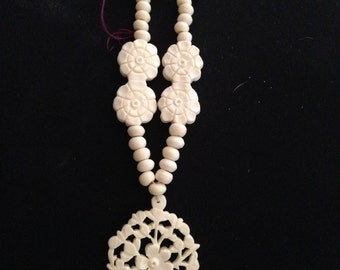 Carved Bone Chinese Flower Floral Spray Ladies Necklace Pendant Double Flower Beads OLD