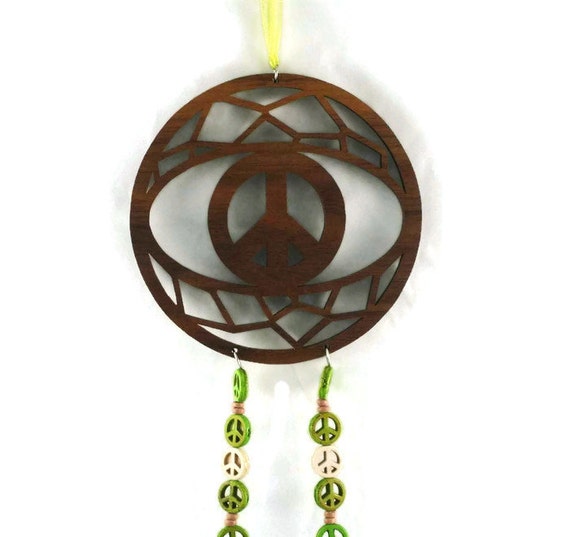 Peace Sign Dream Catcher with Green Peace Beads Handcrafted from Walnut Wood