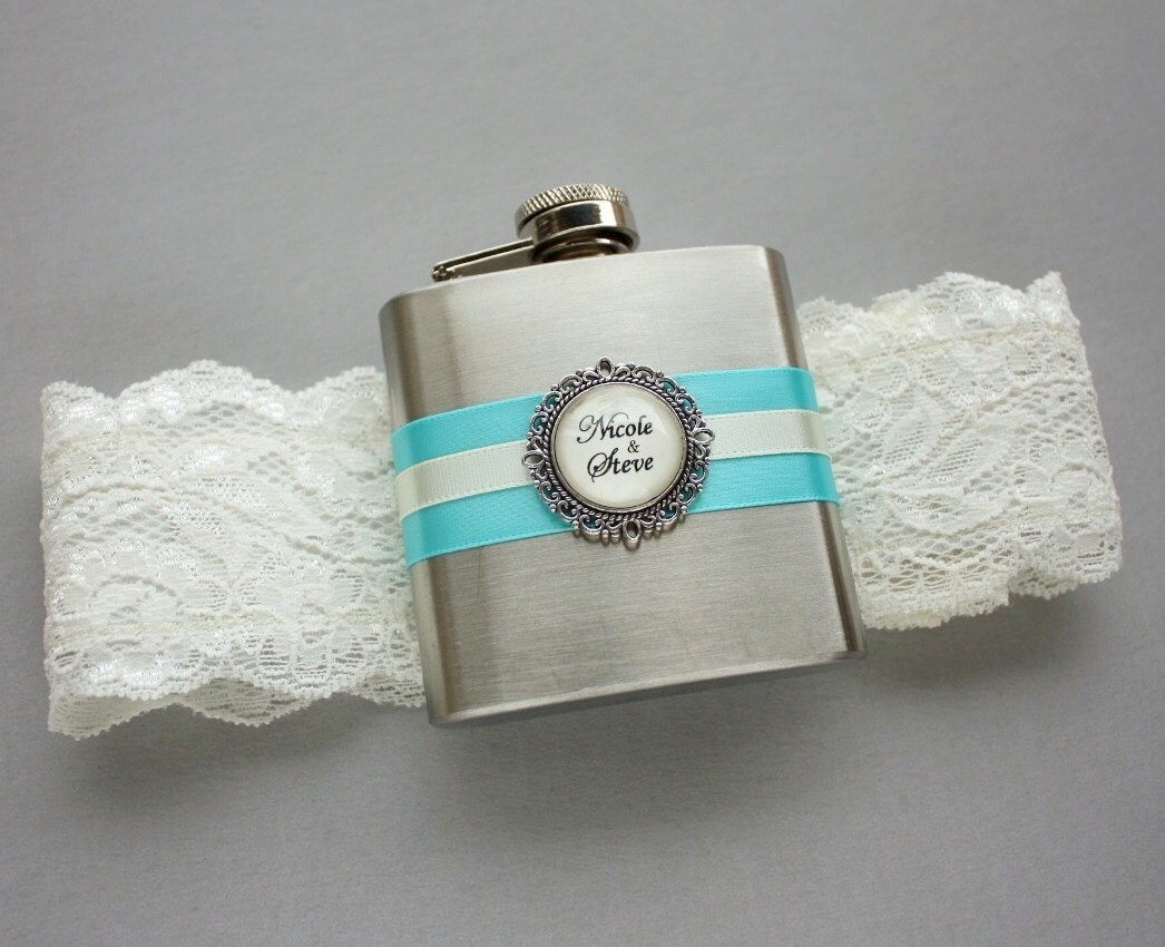 Personalized FLASK GARTER Something Blue Garter Lace Wedding