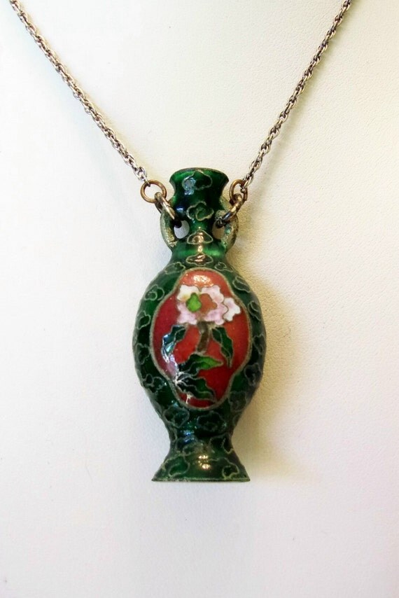 flower vase green cloisonne pendant necklace silver flower vase green cloisonne pendant necklace silver