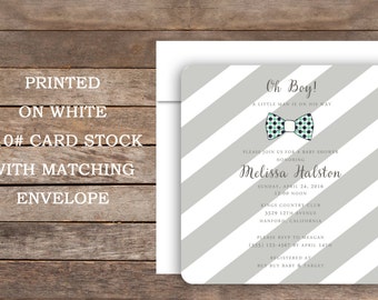 Baby Boy Shower Invitation, Blue and Gray Stripe, Little Man Baby Shower, Bow Tie