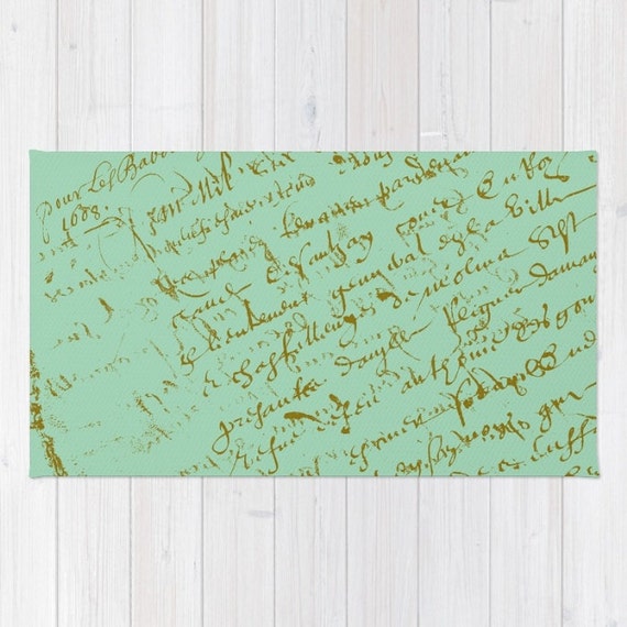 Rug French Script Gold script on pistachio