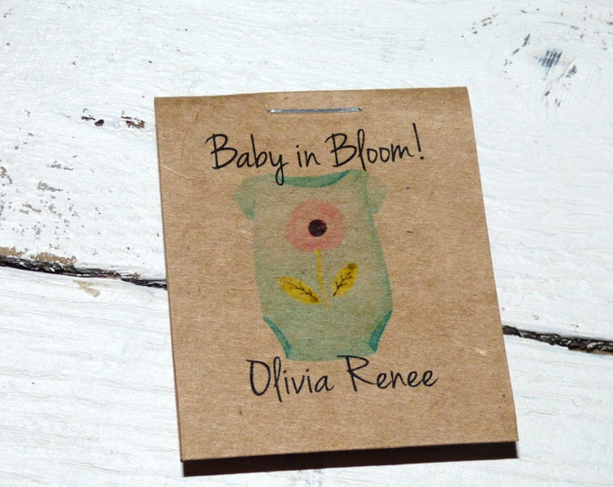 Personalized MINI Seeds Blue Outfit Baby in Bloom Sunflower or Wildflowers Flower Seed Packet Baby Shower Favors Shabby Chic Rustic