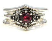 Red Garnet and Black Diamond Crescent Moon 3 Ring Engagement Set - Stacking Silver Rings