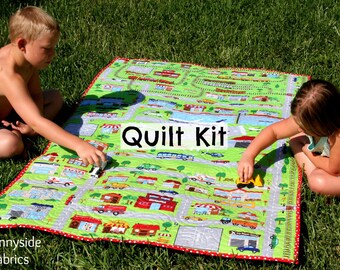 Play Mat Quilt Kit Baby Toddler Throw Connector Panel Quick Easy Boy Cars Train Tracks Airplanes Fire Resue Playmat Roadway Track Dump Truck