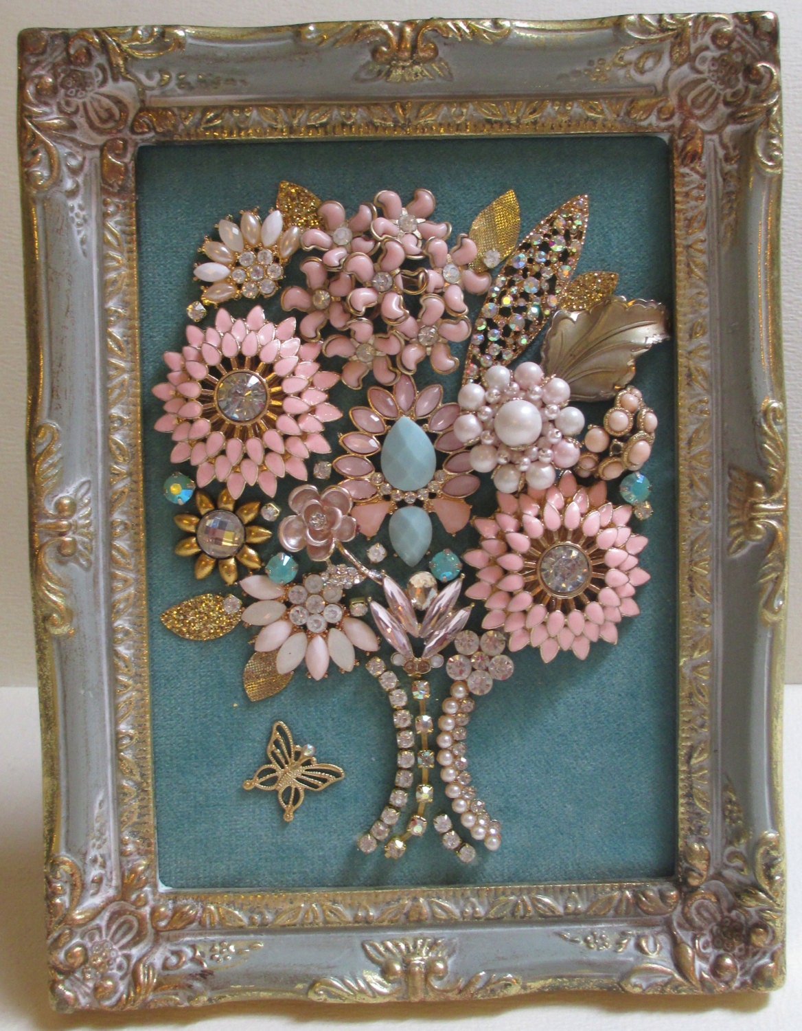 Jeweled Framed Jewelry Flower Bouquet Pink Blue by audreymivey