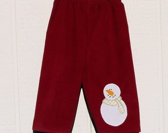 Cranberry Red Cotton Corduroy Pants with Snowman Applique Size 12 Months