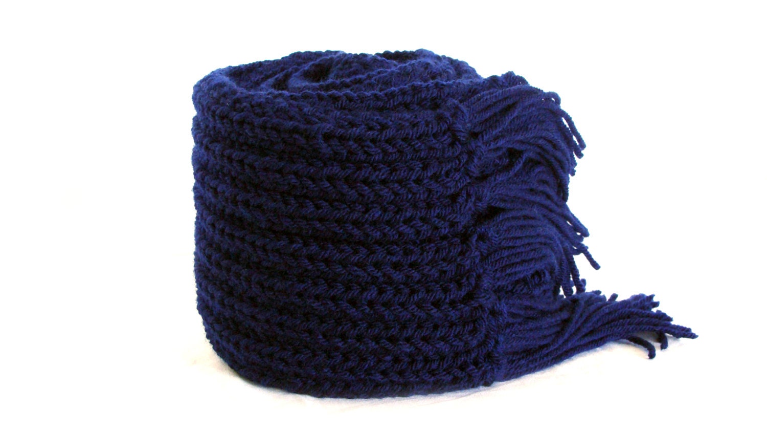 Ink blue knit Men scarf merino wool with fringes