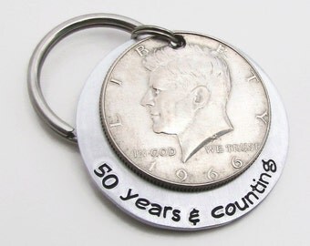 50th Anniversary Gift - Personalized KeyChain - Hand Stamped KeyChain - 50th Birthday Gift for Him 50 Years & Counting Keychain Half Dollar