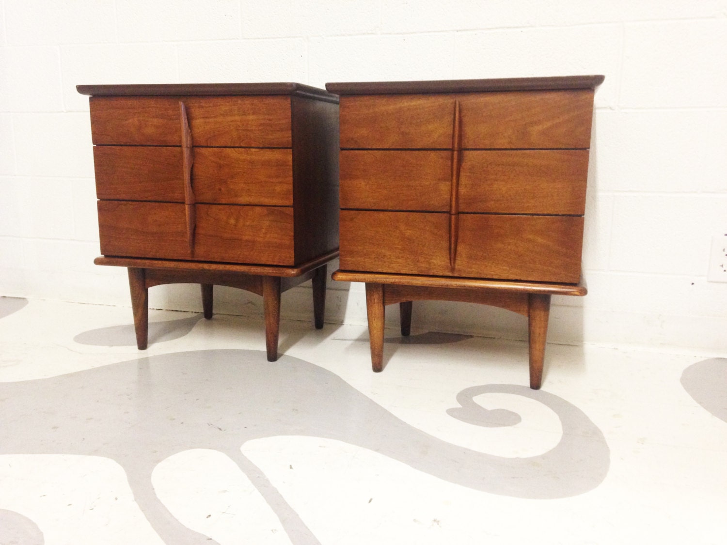 mid century modern end tables in walnut with three drawers – Haute Juice