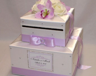 White and Lilac/Lavender Card Box-Silk Flowers-Orchids