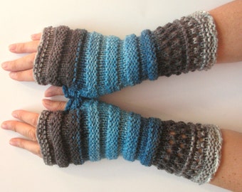 Fingerless Gloves Gray Black White Blue Arm Warmers Knit Soft