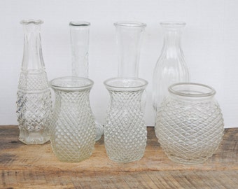7 Vintage Clear Glass Vases Assorted Sizes and Styles