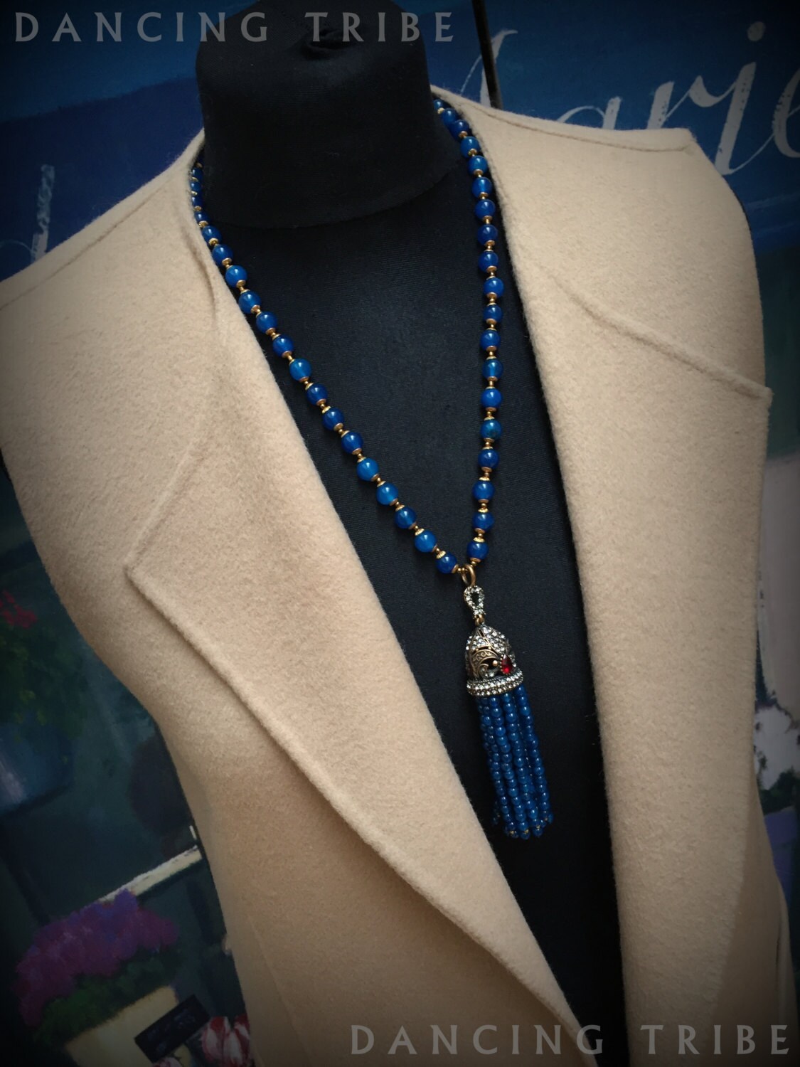 Blue Tassel Necklace Beaded Tassel Necklace Blue by DancingTribe