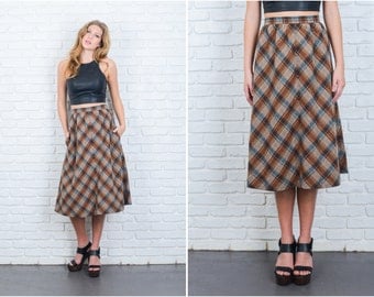 Vintage 70s Brown Mod Retro Skirt High Waist Plaid Striped A Line Wool XS 6369 vintage skirt brown skirt 70s skirt mod skirt plaid skirt