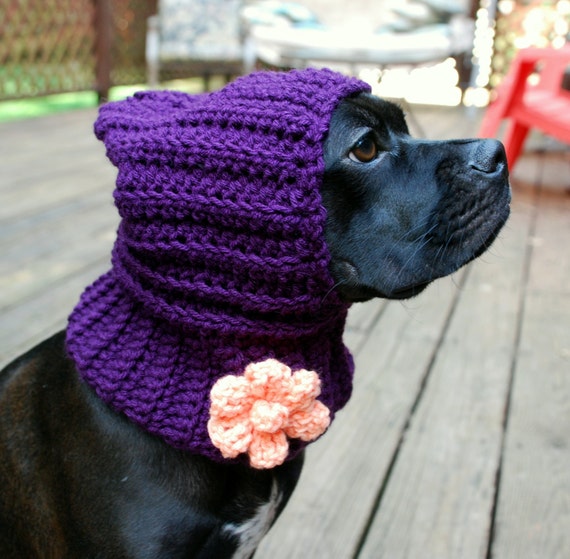 Crochet Hooded Dog Snood Plum with Peach Flower MADE TO ORDER