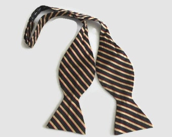 Vintage Brooks Brothers Self Tie Bow Tie Silk Black Tan Red Stripe Adjustable