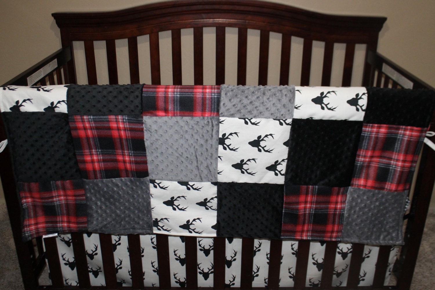 Baby Crib Bedding Black Buck Deer Lodge Red Black Plaid