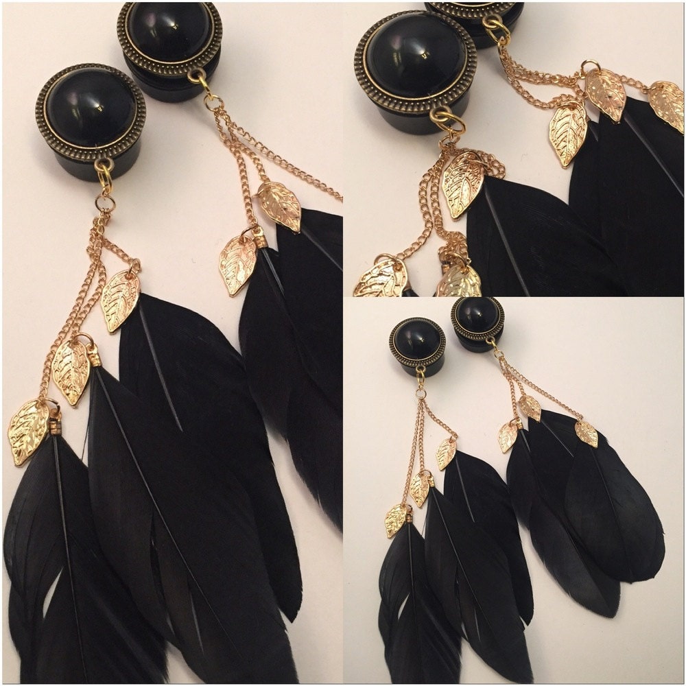 PICK SIZE Black Pearl Feather Gold Leafs Bohemian Girly Ear